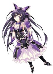 Rule 34 | 10s, 1girl, armor, armored dress, bow, breasts, cleavage, date a live, dress, highres, kuromu, long hair, looking at viewer, purple dress, purple eyes, purple hair, shoulder pads, simple background, skirt, smile, solo, very long hair, white background, yatogami tooka