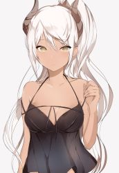 Rule 34 | 1girl, arm at side, bare arms, bare shoulders, blush, breasts, camisole, cleavage, closed mouth, dark-skinned female, dark skin, demon girl, demon horns, expressionless, eyebrows, horns, long hair, looking at viewer, lpip, medium breasts, original, ponytail, silver hair, sleeveless, solo, upper body, yellow eyes