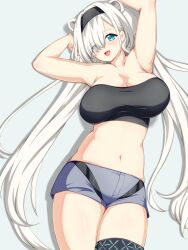 Rule 34 | 1girl, :d, animal ears, arknights, armpits, arms up, aurora (arknights), bare arms, bare shoulders, bear ears, black hairband, blue eyes, blush, breasts, cleavage, commentary request, cowboy shot, drop shadow, grey background, grey shorts, hairband, highres, infection monitor (arknights), large breasts, long hair, looking at viewer, midriff, navel, open mouth, short shorts, shorts, simple background, smile, solo, standing, stomach, strapless, thighs, tsue (surutsue), tube top, very long hair, white hair