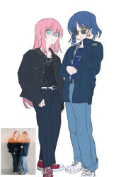 Rule 34 | 2girls, adjusting eyewear, aoyama yoshino, belt, black belt, black jacket, black outline, black pants, black shirt, blue eyes, blue hair, blue jacket, blue shirt, bocchi the rock!, converse, denim, dot nose, eyes visible through eyewear, eyes visible through hair, full body, gotoh hitori, hair ornament, hairclip, highres, jacket, jeans, jewelry, long hair, looking at viewer, mizuno saku, mole, mole under eye, multiple girls, necklace, open clothes, open jacket, outline, pants, pants rolled up, parted lips, pendant, photo-referenced, photo inset, pink hair, real life, red footwear, reference inset, ring, ring necklace, shirt, shoes, short hair, simple background, sneakers, sunglasses, voice actor, white background, white belt, white footwear, yamada ryo, yamamura saki, yellow eyes