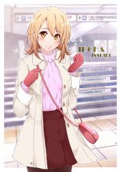 Rule 34 | 1girl, bag, black pantyhose, blonde hair, blush, border, brown skirt, character name, closed mouth, coat, cowboy shot, gloves, handbag, highres, isshiki iroha, long hair, long sleeves, looking at viewer, miniskirt, open clothes, open coat, pantyhose, pink sweater, pleated skirt, red gloves, ribbed sweater, shi-2, skirt, smile, solo, standing, straight hair, sweater, white border, white coat, yahari ore no seishun lovecome wa machigatteiru., yellow eyes