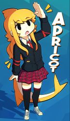 Rule 34 | 1girl, black eyes, black thighhighs, blonde hair, collared shirt, d-floe, fins, fish tail, full body, head fins, highres, long hair, long sleeves, looking away, looking up, necktie, original, over-kneehighs, plaid, plaid skirt, pleated skirt, red necktie, red skirt, shark girl, shark tail, shirt, shoes, skirt, sneakers, solo, swept bangs, tail, thighhighs, white footwear, white shirt