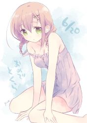 Rule 34 | 1girl, bare shoulders, braid, breasts, camisole, cleavage, dated, green eyes, hair ornament, light brown hair, looking at viewer, medium breasts, sitting, slow start, solo, tokumi yuiko, tokura eiko, twin braids, wariza