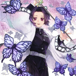 1girl arm_up artist_name belt blue_butterfly breasts bug butterfly butterfly_hair_ornament hair_ornament haori highres holding holding_sword holding_weapon insect japanese_clothes kimetsu_no_yaiba kochou_shinobu long_sleeves medium_breasts medium_hair open_mouth purple_eyes purple_hair shiki_(hubin) solo sword weapon white_belt