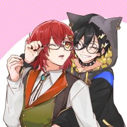 Rule 34 | 2boys, ^ ^, animal hood, bespectacled, black collar, black hair, black jacket, black nails, bolo tie, cat hood, chinese commentary, closed eyes, collar, collared shirt, eyewear strap, glasses, green vest, grin, hair between eyes, hair ornament, hairclip, half updo, hanasaki miyabi, hand up, holostars, hood, hood up, hooded jacket, hug, hug from behind, jacket, kanade izuru, kandzue pengin, lapels, leaf hair ornament, lightning bolt, lightning bolt hair ornament, lightning bolt symbol, long sleeves, looking at another, male focus, medium hair, multiple boys, nail polish, official alternate costume, one eye closed, parted lips, peaked lapels, pink background, red hair, removing eyewear, round eyewear, shirt, short hair, smile, spiked collar, spikes, striped, striped background, upper body, vest, virtual youtuber, white shirt, yellow eyes, zipper pull tab