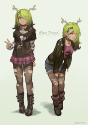 Rule 34 | absurdres, alternate costume, annoyed, antlers, apple, arm at side, asymmetrical bangs, bell, black footwear, black jacket, boots, braid, braided bangs, branch, breasts, ceres fauna, character name, choker, collarbone, dark green hair, dark skin, denim, denim shorts, dual persona, english text, fishnets, food, frown, fruit, full body, golden apple, gradient background, gradient hair, green hair, green nails, grin, hair over one eye, hands on own thighs, highres, hololive, hololive english, horns, jacket, large breasts, layered shirt, leaning forward, long hair, looking at viewer, loose socks, miniskirt, multicolored hair, multiple views, nail polish, neck bell, pantyhose, plaid, plaid skirt, pleated skirt, punk, sakaste, shirt, shorts, skirt, smile, socks, star (symbol), star print, striped clothes, striped shirt, striped socks, swept bangs, torn clothes, torn legwear, torn pantyhose, upturned eyes, v, virtual youtuber, yellow eyes
