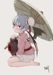 Rule 34 | 1girl, alternate costume, artist name, barefoot, bat wings, blue hair, blush, chinese clothes, double bun, fkey, grey background, highres, holding, holding jar, holding umbrella, jar, long sleeves, looking at viewer, oil-paper umbrella, pink shirt, red eyes, red sash, remilia scarlet, sash, shirt, shorts, simple background, sitting, solo, thighs, touhou, translated, umbrella, v-shaped eyebrows, wariza, white shorts, wings