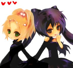 Rule 34 | 2girls, :p, bare shoulders, blonde hair, green eyes, hair bobbles, hair ornament, hair up, heart, hiro (pixiv), long hair, lowres, multiple girls, original, tongue, tongue out, twintails, very long hair