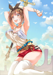 Rule 34 | 1girl, armpits, atelier (series), atelier ryza, atelier ryza 1, belt, blue belt, blue sky, breasts, bridal legwear, brown belt, brown eyes, brown hair, cleavage, cloud, day, flask, gloves, hair ornament, hairclip, highres, jewelry, large breasts, leather, leather belt, leather gloves, necklace, open mouth, porurin, red shorts, reisalin stout, round-bottom flask, short hair, short shorts, shorts, sky, sleeveless, sleeveless jacket, staff, star (symbol), star necklace, thick thighs, thighs, vial, white headwear, white legwear