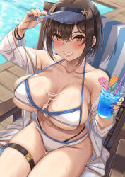 Rule 34 | 1girl, absurdres, bare shoulders, beach chair, bikini, blush, breasts, brown hair, cleavage, collarbone, cum, cum on body, cum on breasts, cum on upper body, cup, grin, highres, jacket, large breasts, long sleeves, looking at viewer, momo no sukebe, navel, off shoulder, open clothes, open jacket, original, short hair, sitting, smile, solo, swimsuit, thigh strap, thighs, variant set, visor cap, wet, white bikini, white jacket, yellow eyes