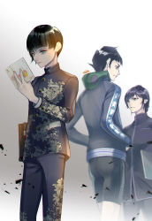 Rule 34 | 3boys, bad id, bad pixiv id, black hair, book, bowl cut, collarbone, computer, demi-fiend, eyelashes, highres, holding, holding laptop, hood, in-franchise crossover, laptop, looking at viewer, male focus, mitsuha (bless blessing), multiple boys, nakajima akemi, protagonist (smtv), school uniform, shin megami tensei, shin megami tensei iii: nocturne, shin megami tensei v, short hair, simple background, white background