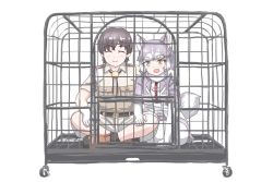 Rule 34 | 1boy, 1girl, ^ ^, animal ears, arm around neck, blue eyes, bodystocking, breast pocket, brown hair, cage, captain (kemono friends), cargo shorts, closed eyes, commentary request, dog (mixed breed) (kemono friends), dog ears, dog girl, dog tail, facing viewer, full body, gloves, grey hair, hand rest, harness, heterochromia, jacket, kemono friends, kemono friends 3, layered sleeves, long sleeves, looking at viewer, medium hair, mukouyama mu, multicolored hair, open clothes, open jacket, orange eyes, pocket, shoes, short hair, short over long sleeves, short sleeves, shorts, side-by-side, simple background, sitting, skirt, smile, sweater vest, tail, two-tone hair, white background, white hair