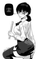 Rule 34 | 1girl, absurdres, artist name, ass, black hair, breasts, chainsaw man, collared shirt, garter straps, glasses, gratam, greyscale, hand on own ass, highres, holding ruler, long hair, long sleeves, looking at viewer, miniskirt, mitaka asa, monochrome, parted lips, ruler, shirt, simple background, skirt, solo, spanish commentary, spanish text, speech bubble, thighhighs, translated, twitter username, white background