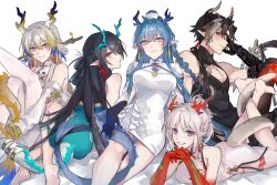 Rule 34 | 1boy, 4girls, arknights, ayami chan 0122, bare shoulders, black hair, black skin, blue eyes, blue hair, blue skin, blush, bracelet, breasts, brother and sister, brown hair, china dress, chinese clothes, choker, chong yue (arknights), cleavage cutout, clothing cutout, colored extremities, colored skin, crossdressing, detached sleeves, dragon boy, dragon girl, dragon horns, dragon tail, dress, dusk (arknights), dusk (everything is a miracle) (arknights), earrings, feet out of frame, full body, gradient hair, gradient skin, green hair, grey hair, highres, horns, jewelry, legs up, ling (arknights), ling (it does wash the strings) (arknights), long hair, long sleeves, looking at viewer, lying, medium breasts, multicolored hair, multiple girls, nian (arknights), nian (unfettered freedom) (arknights), official alternate costume, on stomach, pointy ears, purple eyes, red eyes, red hair, red skin, short hair, shu (arknights), siblings, sisters, sleeveless, sleeveless dress, streaked hair, tail, tassel, tassel earrings, very long hair, white dress, white hair