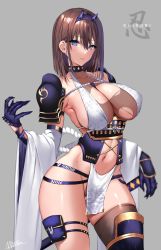 Rule 34 | 1girl, bare shoulders, blue eyes, blush, breasts, brown hair, cleavage, gloves, highres, katana, large breasts, looking at viewer, mataro (matarou), navel, original, pelvic curtain, pouch, revealing clothes, short hair, solo, sword, thigh pouch, thigh strap, thighhighs, thighs, torn clothes, weapon
