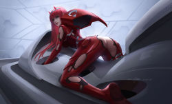 Rule 34 | 1girl, all fours, ass, bent over, cockpit, green eyes, highres, horns, lips, long hair, looking at viewer, looking back, qichao wang, red hair, skin tight, solo, torn clothes, zero two (darling in the franxx)