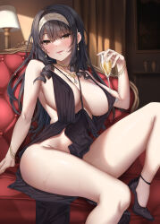 Rule 34 | 1girl, bare shoulders, black hair, blunt bangs, blush, bracelet, breasts, cup, dress, drinking glass, earrings, hairband, high heels, highres, holding, holding cup, jack dempa, jewelry, large breasts, long hair, looking at viewer, natsukawa kuroba (jack dempa), necklace, original, smile, solo, sweat, thighs, wine glass, yellow eyes