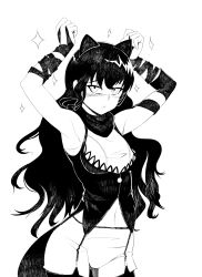 Rule 34 | 1girl, :&lt;, animal ears, armpits, arms up, bad id, bad pixiv id, bandages, bare shoulders, blake belladonna, blush, cat ears, garter straps, greyscale, highres, lineart, long hair, looking up, monochrome, rwby, simple background, sleeveless, solo, sparkle, stormcow, thighhighs, white background