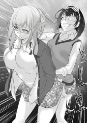 Rule 34 | 2girls, arm grab, arms behind back, bra, breasts, clothes, clothes grab, eyepatch, futa with female, futanari, glasses, grabbing, grabbing from behind, ikishima midari, japanese text, kakegurui, large breasts, long hair, looking at viewer, medium breasts, medium hair, mokuseirokku, monochrome, multiple girls, open clothes, open mouth, ponytail, sex, sex from behind, smile, tongue, tongue out, underwear