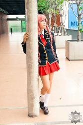 Rule 34 | 1girl, baka to test to shoukanjuu, cosplay, fumizuki academy school uniform, himeji mizuki, legs, miniskirt, photo (medium), pink hair, school uniform, skirt, solo, thighs