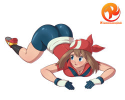 Rule 34 | 1girl, alternate color, ass, back, bandana, bike shorts, blue eyes, breasts, brown hair, cleavage, clothes lift, creatures (company), from behind, game freak, gloves, highres, hip focus, huge ass, large breasts, looking at viewer, looking back, may (pokemon), nintendo, pokemon, reit, shiny clothes, shiny skin, shoes, simple background, skirt, skirt lift, sneakers, white skirt, wide hips