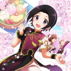 Rule 34 | 2020, 3boys, aki ma jiro, asymmetrical sleeves, black hair, black wristband, brown hair, character name, child, clenched hand, closed eyes, dated, floral print, food, highres, himeno kanon, idolmaster, idolmaster side-m, japanese clothes, light brown hair, looking at viewer, male focus, multiple boys, okamura nao, open mouth, palms, petals, purple eyes, sausage, short sleeves, tachibana shiro (idolmaster), teeth, upper teeth only