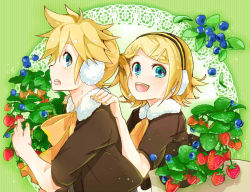 Rule 34 | 1boy, 1girl, asymmetry l (module), asymmetry r (module), blonde hair, blue eyes, blueberry, bow, brother and sister, dress, earmuffs, food, fruit, fur trim, green background, gyorui (toura minato), hair ornament, hairclip, hands on another&#039;s shoulders, headset, kagamine len, kagamine rin, leaning forward, leaning on person, looking at viewer, nail polish, profile, project diva (series), short hair, short ponytail, siblings, strawberry, twins, vocaloid, yellow nails