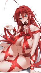 Rule 34 | 1girl, ahoge, barefoot, blue eyes, breasts, candy, chocolate, chocolate heart, cleavage, commission, female focus, food, heart, high school dxd, highres, large breasts, long hair, looking at viewer, mouth hold, naked ribbon, navel, red hair, red ribbon, rias gremory, ribbon, signature, solo, valentine