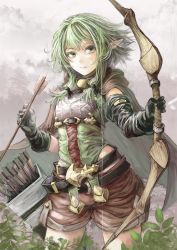 Rule 34 | 10s, 1girl, arrow (projectile), bow (weapon), cape, cowboy shot, elf, gloves, goblin slayer!, high elf archer (goblin slayer!), holding, holding weapon, looking at viewer, pointy ears, shorts, sidelocks, solo, weapon