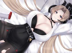 Rule 34 | 1girl, absurdres, azur lane, black pantyhose, blouse, breasts, cleavage, collarbone, collared shirt, commentary, covered navel, cowboy shot, dutch angle, english commentary, grimace, highres, kanta (kanta 077), kronshtadt (azur lane), kronshtadt (begin the rush!) (azur lane), large breasts, long hair, looking at viewer, mole, mole on breast, official alternate costume, pantyhose, parted bangs, shadow, shirt, sidelocks, skindentation, solo, teeth, torn clothes, very long hair, white shirt