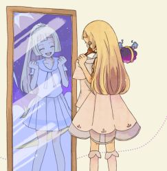 Rule 34 | 1girl, atsumi yoshioka, blonde hair, braid, clothes hanger, commentary request, cosmog, creatures (company), different reflection, dress, from behind, full-length mirror, game freak, gen 7 pokemon, holding, kneehighs, kneepits, legendary pokemon, lillie (pokemon), long hair, mirror, nintendo, pokemon, pokemon (creature), pokemon sm, reflection, see-through, sleeveless, sleeveless dress, socks, standing, sundress, white dress, white socks