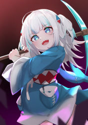 Rule 34 | 1girl, :d, absurdres, blue eyes, blue hair, blue hoodie, blunt bangs, cowboy shot, fins, fish tail, gawr gura, gawr gura (1st costume), hair ornament, highres, holding, holding pickaxe, hololive, hololive english, hood, hoodie, long sleeves, looking at viewer, medium hair, minecraft, multicolored hair, open mouth, pickaxe, shark girl, shark hair ornament, shark tail, sharp teeth, silver hair, smile, solo, streaked hair, tail, teeth, two side up, upper teeth only, virtual youtuber, wide sleeves, yakurope-moko