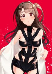 Rule 34 | 10s, 1girl, blush, bondage outfit, breasts, brown eyes, brown hair, collarbone, commentary, highres, hot limit, idolmaster, idolmaster cinderella girls, long hair, looking at viewer, medium breasts, navel, one side up, open mouth, revision, see-through, shimamura uzuki, shirosaba47, shirt, side ponytail, solo, standing, t.m.revolution, undressing, white shirt