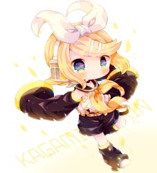Rule 34 | 1girl, bad id, bad pixiv id, belt, black shorts, blonde hair, blue eyes, blush, boots, character name, chibi, detached sleeves, full body, hair ornament, hair ribbon, hairclip, haru431, headset, kagamine rin, neckerchief, outstretched arms, ribbon, sailor collar, short hair, shorts, sleeves past fingers, sleeves past wrists, smile, solo, spread arms, standing, standing on one leg, swept bangs, vocaloid, white ribbon, yellow neckerchief