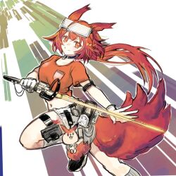 Rule 34 | 1girl, animal ears, arknights, black footwear, breasts, closed mouth, collarbone, commentary request, crop top, feet out of frame, flametail (arknights), highres, holding, holding sword, holding weapon, kneehighs, long hair, medium breasts, midriff, navel, orange shirt, red eyes, red hair, shirt, shoes, short shorts, short sleeves, shorts, signature, smile, socks, solo, sword, tail, touno (akarino), weapon, white shorts, white socks