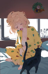 Rule 34 | 1girl, = =, barefoot, black cat, blonde hair, bra, breasts, car, cat, circle, clock, collarbone, dressing, drooling, highres, indian style, indoors, messy hair, motor vehicle, mouth drool, open mouth, original, pajamas, patterned clothing, rectangle, sekoshi (some1else45), short hair, sitting, sleepy, solo, some1else45, tears, toes, triangle, underwear, upper body, wall clock, white bra, window shadow, yawning, yellow pajamas