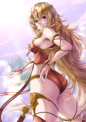 Rule 34 | 1girl, artist name, ass, bad id, bad pixiv id, blonde hair, breasts, bridal gauntlets, circlet, cloud, commentary request, curly hair, day, from behind, gem, lioreo, long hair, looking at viewer, looking back, medium breasts, original, outdoors, parted lips, red thighhighs, sky, solo, standing, thighhighs, tree, very long hair, yellow eyes