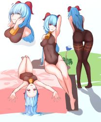 Rule 34 | 1girl, absurdres, ass, bare shoulders, bed, blue hair, blush, bodysuit, breasts, cameltoe, cowbell, flower, from behind, ganyu (genshin impact), genshin impact, highres, horns, kyaong, leaning, leaning forward, long hair, looking at viewer, open mouth, pantyhose, red eyes, shiny skin, smile, solo, very long hair