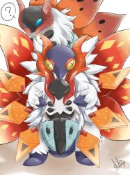 Rule 34 | + +, ?, blue eyes, commentary request, creatures (company), game freak, gen 5 pokemon, highres, holding, holding pokemon, horns, iron moth, looking at viewer, nintendo, no humans, pokemon, pokemon (creature), signature, slither wing, spoken question mark, volcarona, white fur, yellow eyes, yumedamauru