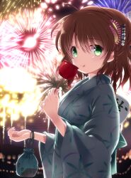 Rule 34 | 1girl, :p, ahoge, back bow, bow, braid, brown hair, candy apple, closed mouth, coin, commentary request, copyright name, festival, fireworks, floral print, flower, food, from side, green eyes, hair flower, hair ornament, hair stick, hand up, holed coin, japanese clothes, kanbe kotori, kanzashi, kimono, long hair, long sleeves, looking at viewer, night, outdoors, pink flower, rewrite, smile, solo, standing, tagame (tagamecat), tongue, tongue out, twin braids, upper body, wavy hair, wide sleeves, yukata