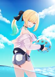 Rule 34 | 1girl, absurdres, aizawa ema, ass, ball, bare shoulders, beach, beachball, bikini, bikini under clothes, black bow, blonde hair, blue eyes, blunt bangs, bow, breasts, choker, cloud, day, gradient hair, green hair, hair bow, highres, holding, holding ball, holding beachball, hood, hooded jacket, jacket, lace-trimmed choker, lace trim, large breasts, long hair, long sleeves, looking at viewer, multicolored hair, nouto, ocean, open clothes, open jacket, open mouth, outdoors, ponytail, short shorts, shorts, side-tie bikini bottom, sky, smile, solo, swimsuit, virtual youtuber, vspo!, water, white bikini, white jacket, zipper, zipper pull tab