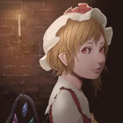 Rule 34 | 1girl, ascot, blonde hair, brick wall, candle, closed mouth, crystal, flandre scarlet, from side, hat, hat ribbon, light smile, lips, looking at viewer, medium hair, mob cap, nagi (xx001122), pointy ears, red eyes, ribbon, shirt, side ponytail, sideways glance, solo, standing, touhou, upper body, vest, white shirt, wings, yellow ascot