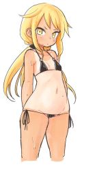 Rule 34 | 10s, 1girl, arms behind back, bad id, bad twitter id, bikini, black bikini, blonde hair, cropped legs, done (donezumi), flat chest, kantai collection, long hair, looking at viewer, low twintails, lowleg, lowleg bikini, navel, o-ring, o-ring bikini, one-piece swimsuit, one-piece tan, satsuki (kancolle), side-tie bikini bottom, simple background, solo, string bikini, sweat, swimsuit, tan, tanline, twintails, white background, yellow eyes