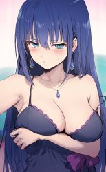 Rule 34 | 1girl, aqua eyes, armpits, blue hair, blush, breast hold, breasts, cleavage, earrings, engage kiss, haoni, highres, jewelry, medium breasts, multicolored background, necklace, solo, sweatdrop, upper body, yuugiri ayano