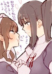 Rule 34 | 10s, 2girls, :t, ashigara (kancolle), bad id, bad pixiv id, black hair, brown eyes, brown hair, gloves, hairband, heart, highres, ikarin, jealous, kantai collection, multiple girls, nachi (kancolle), personification, headpat, ponytail, pout, side ponytail, translated, yuri