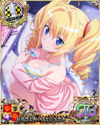 Rule 34 | 1girl, ahoge, bishop (chess), blonde hair, blue eyes, bra, breasts, card (medium), chess piece, drill hair, hair between eyes, high school dxd, high school dxd pi, indoors, large breasts, long sleeves, looking at viewer, official art, ravel phenex, sitting, smile, solo, table, twin drills, underwear