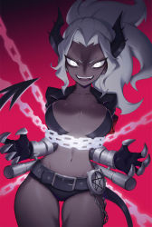 Rule 34 | 1girl, :d, armband, bad id, bad twitter id, belt, black gloves, black horns, black tail, breasts, chain, clawed gauntlets, claws, collarbone, colored sclera, commentary, cowboy shot, cropped jacket, dark-skinned female, dark skin, demon girl, demon horns, demon tail, english commentary, evil smile, gloves, gradient background, grey hair, grey sclera, groin, hair intakes, helltaker, highres, horns, judgement (helltaker), large breasts, liyart, long hair, looking at viewer, magenta background, micro shorts, navel, open mouth, pentagram, pink background, ponytail, shorts, simple background, smile, solo, stomach, tail, teeth, tsurime, v-shaped eyebrows, white eyes