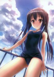 Rule 34 | 1girl, :o, absurdres, arm support, black hair, blush, cloud, day, flat chest, from below, goto p, highres, k-on!, long hair, looking down, nakano azusa, one-piece swimsuit, open mouth, red eyes, scan, school swimsuit, sky, solo, swimsuit, twintails