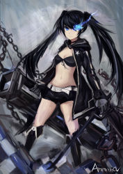 Rule 34 | 10s, 1girl, absurdres, annnna, artist name, belt, bikini, bikini top only, black bikini, black gloves, black hair, black rock shooter, black rock shooter (character), black shorts, blue eyes, breasts, chain, cleavage, flaming eye, front-tie bikini top, front-tie top, gloves, highres, long hair, looking at viewer, navel, short shorts, shorts, solo, swimsuit, twintails