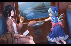Rule 34 | 2girls, adapted costume, against glass, against window, arm support, barefoot, black hair, blouse, blue bow, blue dress, blue eyes, blue hair, blush, bottle, bow, brown headwear, brown jacket, brown shorts, cabbie hat, cirno, commentary request, dress, drink, frilled dress, frills, from behind, from side, full body, hair between eyes, hair bow, hand up, hat, unworn headwear, holding, holding bottle, holding drink, holding paper, ice, ice wings, jacket, kneeling, lake, letterboxed, long dress, long sleeves, looking at another, looking to the side, luggage, multiple girls, necktie, open mouth, paper, pointy ears, profile, red bow, red eyes, red neckwear, red sash, roke (taikodon), sash, shameimaru aya, shameimaru aya (newsboy), shirt, short hair, shorts, sidelocks, sideways mouth, sitting, sleeveless, sleeveless dress, suit jacket, suitcase, touhou, train, train interior, water, white shirt, wing collar, wings